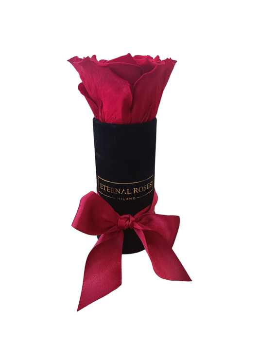Stabilisierte rote Ewige Rose XL - schwarze Alcantara Box XS